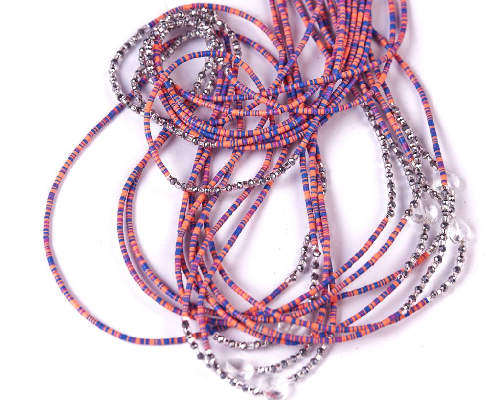 50 Inches Orange , Blue And Purple Vinyl Beads With Silver Glass Beads And Silver Pebble Bar Tie On Waist Beads 