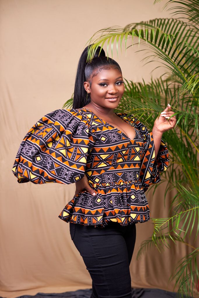 Ankara Black, Brown,Gold,And White Blend Coloured African Print V Neck Puff Hand Sleeve Top With Back Zipper,