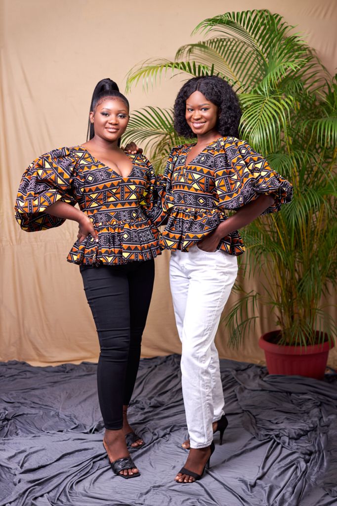 Ankara Black, Brown,Gold,And White Blend Coloured African Print V Neck Puff Hand Sleeve Top With Back Zipper,