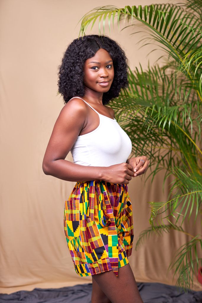 Red,Yellow, Green, Blue,And Black Coloured Ghanaian Kente Print High Waist Piper Shorts With Back Pockets And Belt