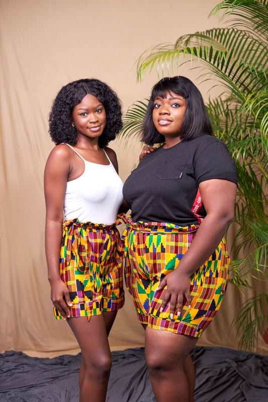 Red,Yellow, Green, Blue,And Black Coloured Ghanaian Kente Print High Waist Piper Shorts With Back Pockets And Belt