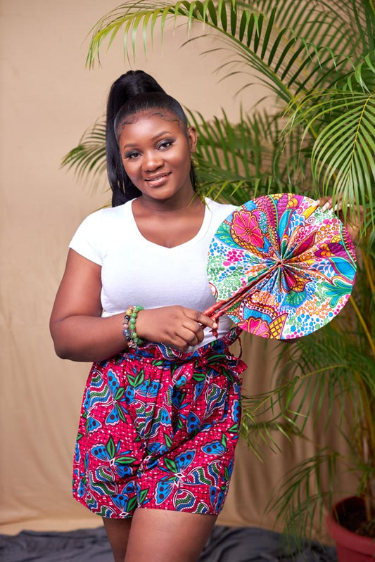 Pink, Blue,Green and Dotted White Coloured Ankara Print High Waist Piper Shorts With Back Pockets And Belt