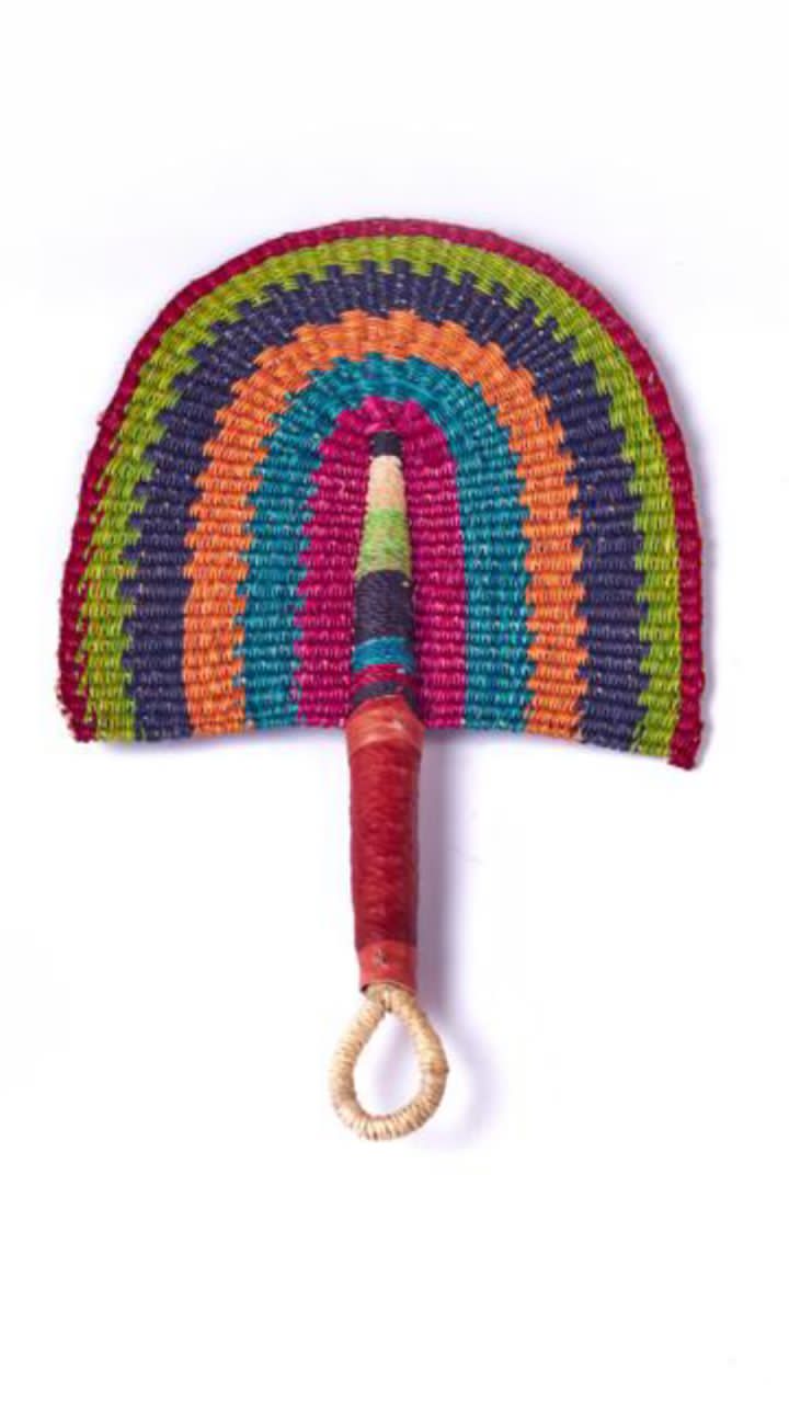 Orange,Blueblack, Green And Pink Beautifully Arranged Colours Fixed Crafted  Ghanaian Northern Made Straw Woven Handfan With Leather Based Handle