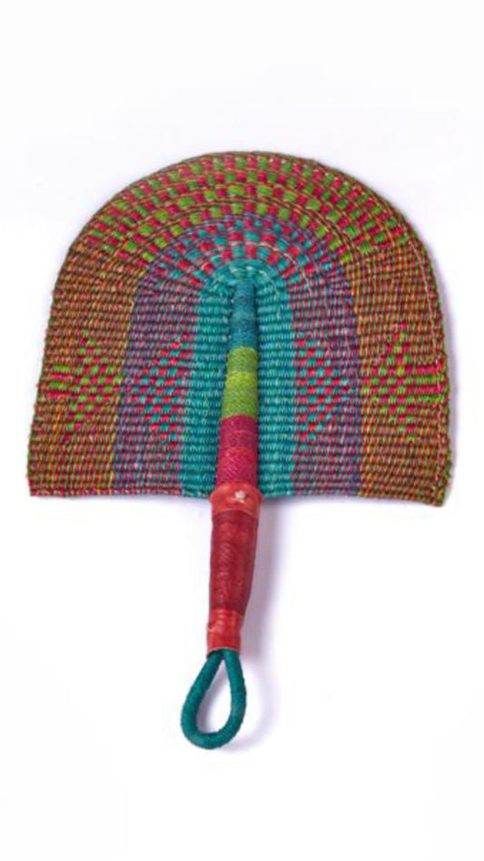 Pink,Linegreen, Purple and Seablue Coloured Crafted Ghanaian Northern Made Straw Woven Handfan With Leather Based Handle