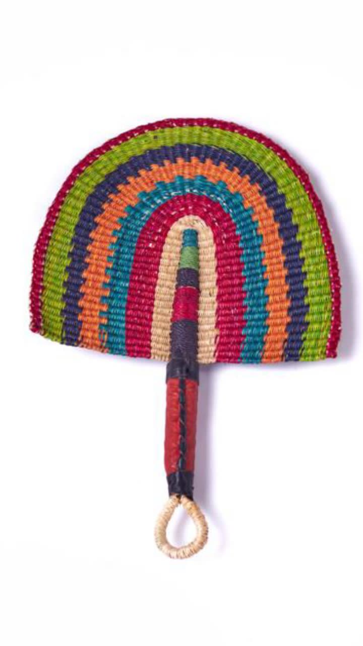 Cream,Red, Blue, Orange, Black And Green Carefully And Beautifully Arranged Colours, Fixed Crafted  Ghanaian Northern Made Straw Woven Handfan With Leather Based Handle