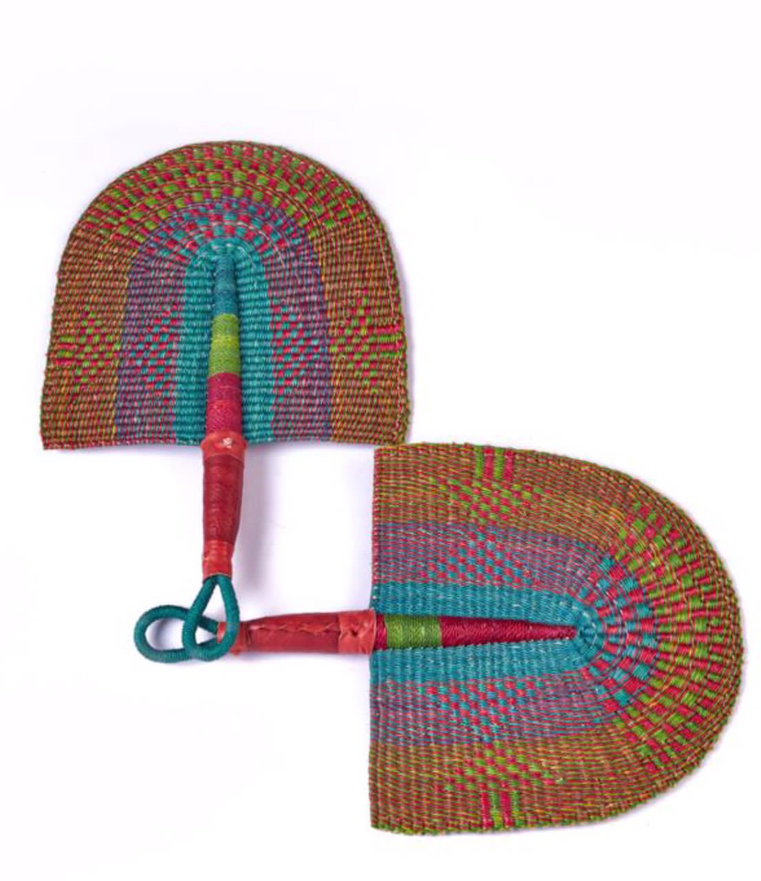 Pink,Linegreen, Purple and Seablue Coloured Crafted Ghanaian Northern Made Straw Woven Handfan With Leather Based Handle