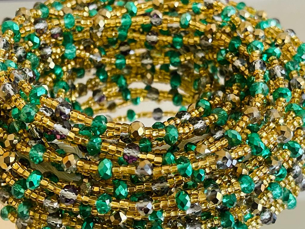 45 Inches Gold Beads with Green, Clear Crystal, Gold Pebble Bars Tie on Waist Beads