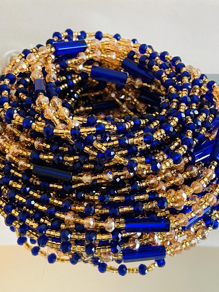46 Inches Gold Beads with Blue And Gold Pebble Bars tie on Waist beads