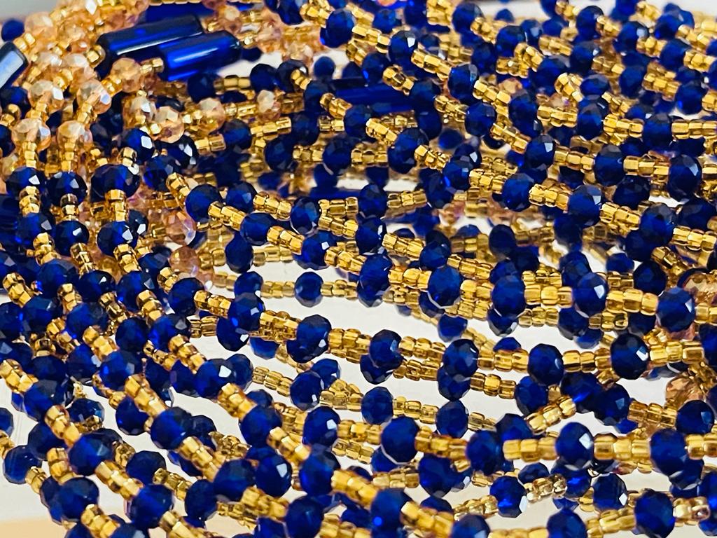 46 Inches Gold Beads with Blue And Gold Pebble Bars tie on Waist beads