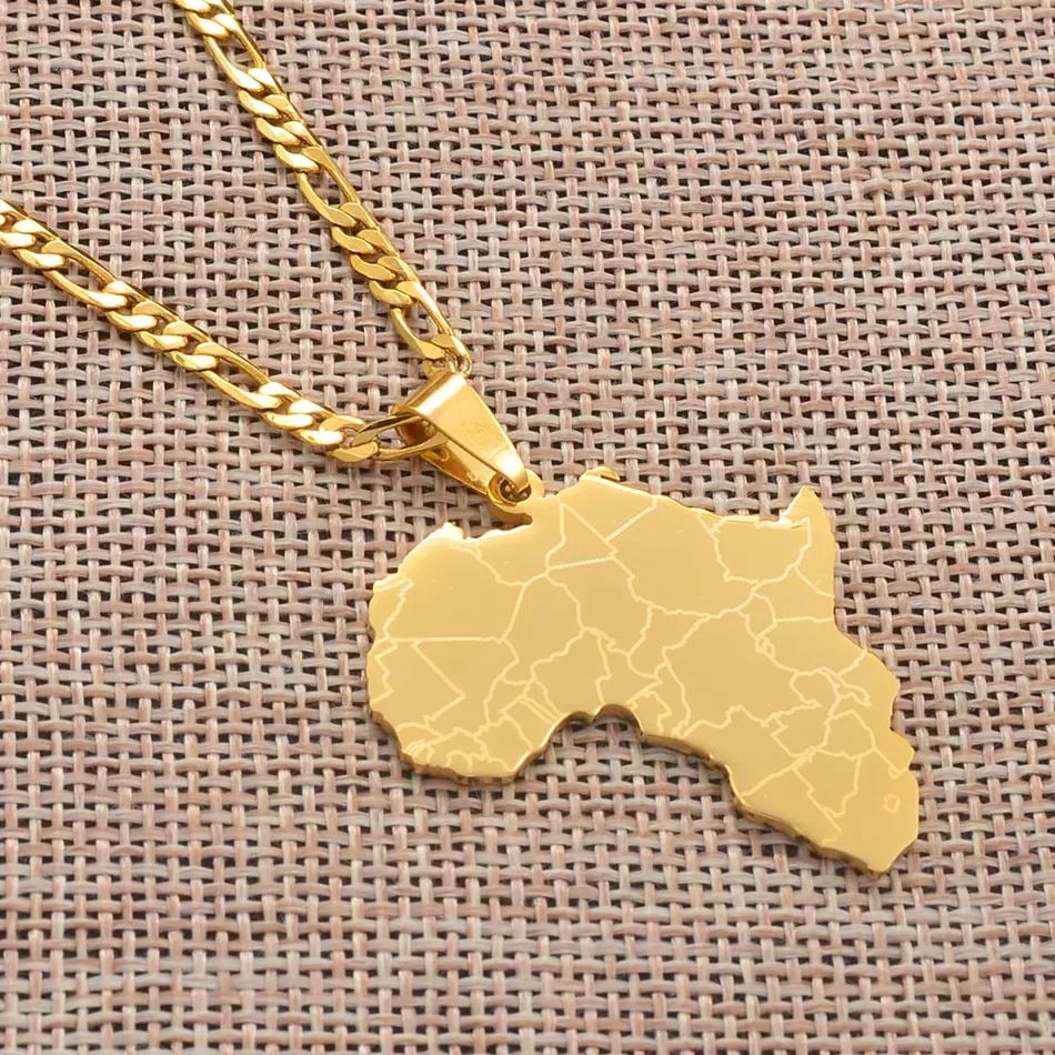 African Map Symbol Pendant Necklaces Women/ Men Gold Color Stainless Steel Ethnic Jewelry Ghana