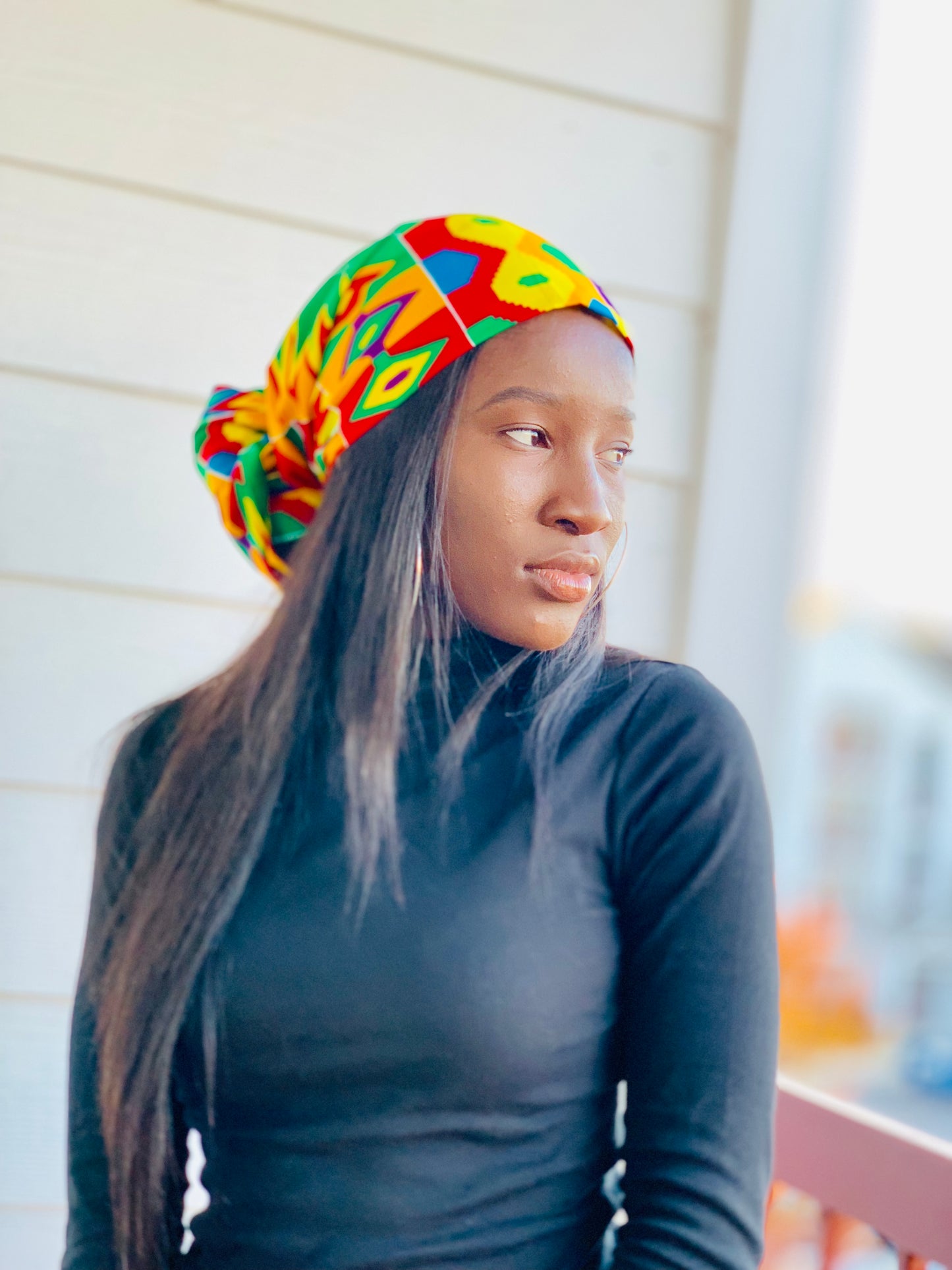 Purple, Yellow, Green, Red, And Blue Kente Print Silk Lined Detachable Head Wrap