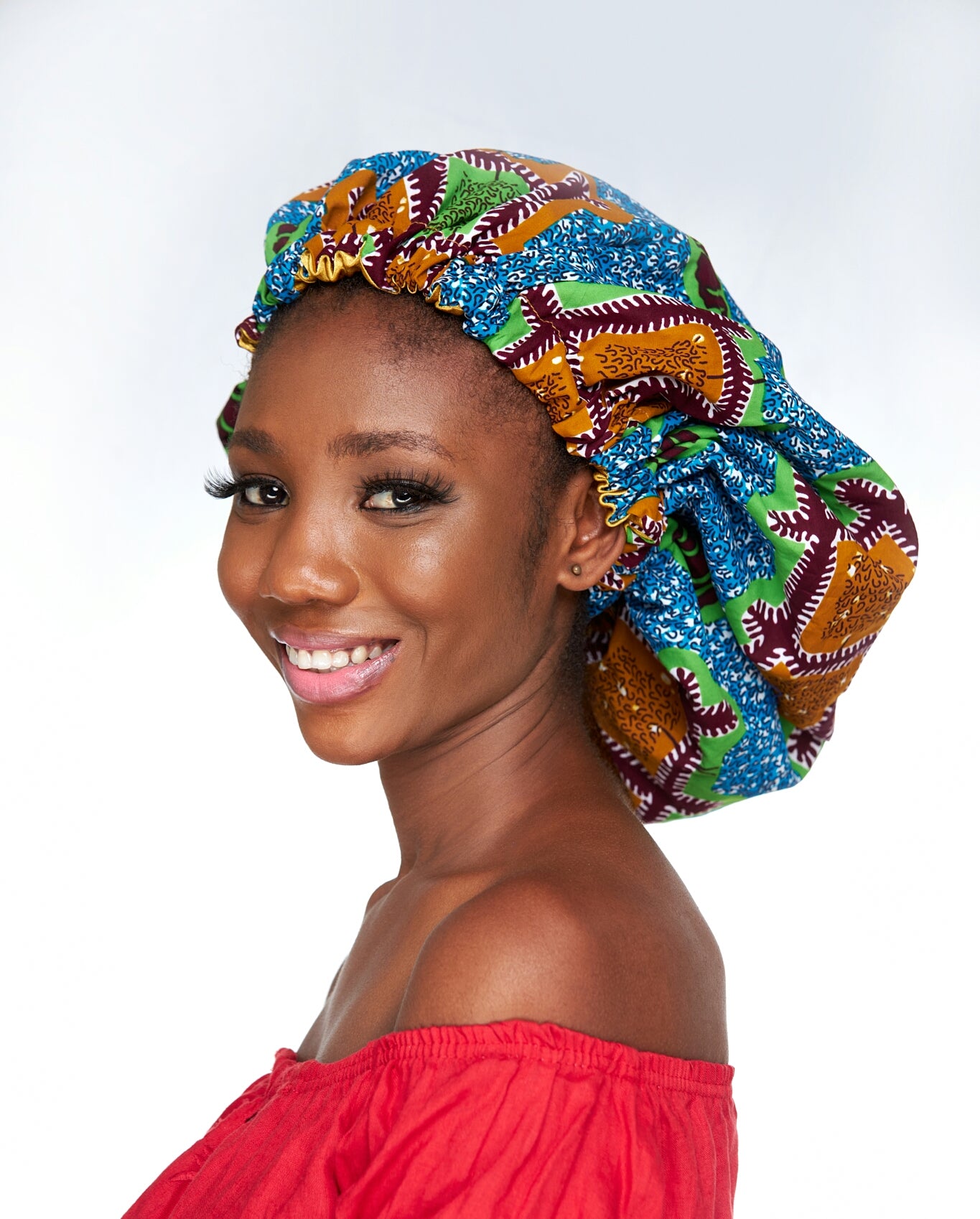 Blue, Green, White, And Brown Ankara Wax Print With Gold Silk Lined Hair Bonnet