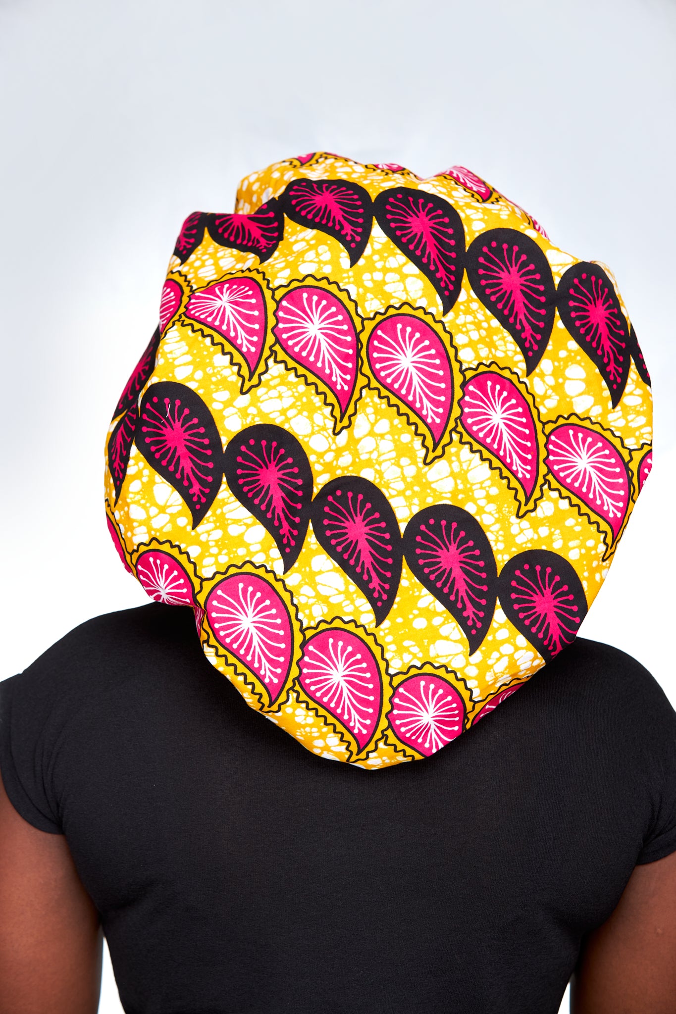 Yellow, White, Pink And black mix Pattern Ankara Print With Pink Silk Lined Hair Bonnet