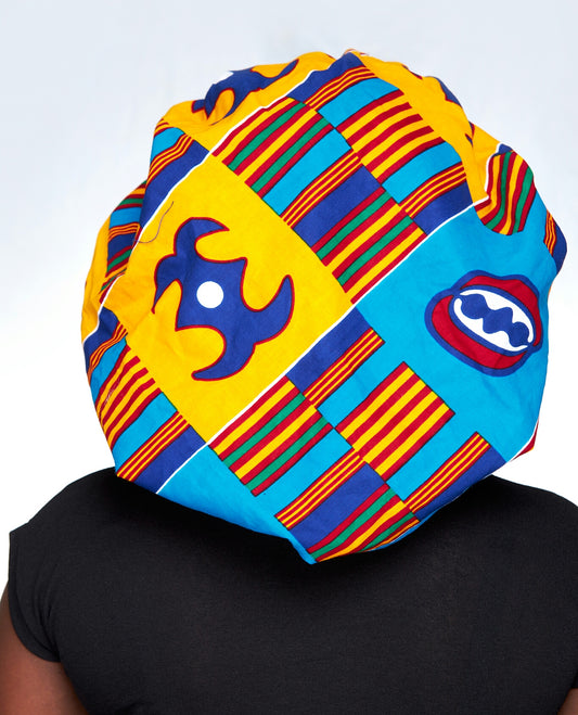 Yellow, Blue, Red , Green And White Mix Pattern Adinkra Symbols Ankara Wax Print With Blue Silk Lined Hair Bonnet