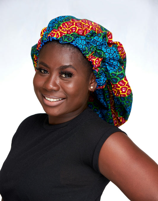 Yellow, Blue, Green, And Wine Ankara Wax Print With Blue Silk Lined Hair Bonnet