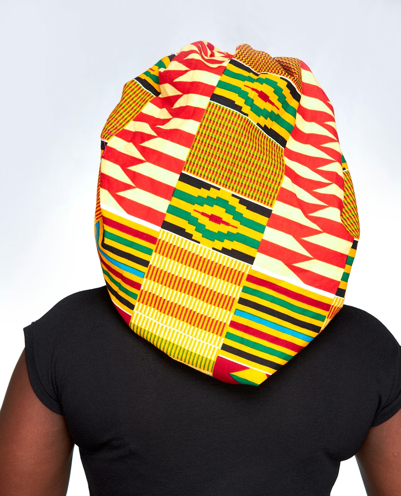 Cream, Wine,Blue , Red, Black And Green Mix Pattern  Kente Print with Cream Silk Lined Hair Bonnet