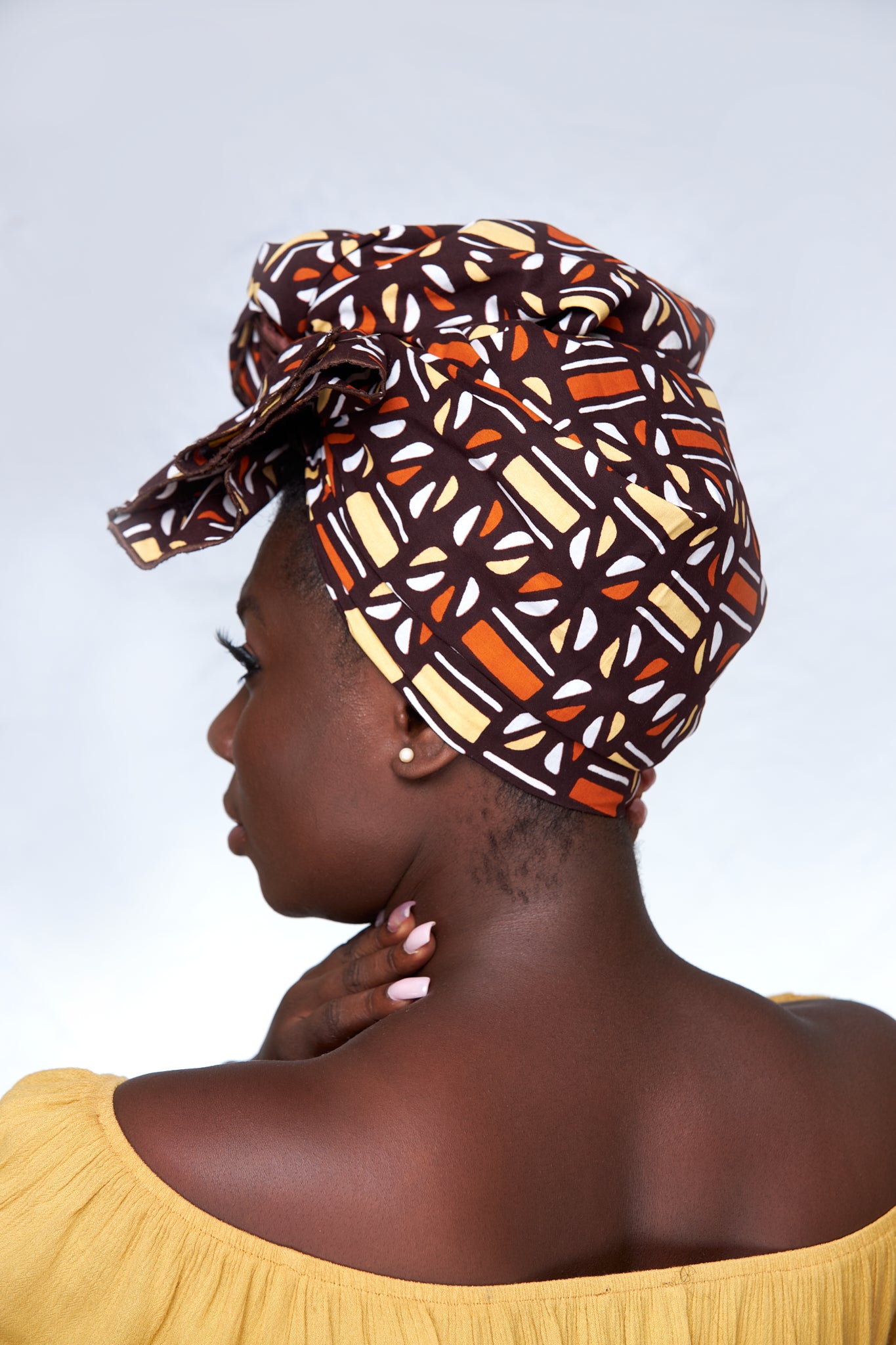 Brown, white and gold Coloured Well made Bogolan Print Detachable Silklined Headwrap