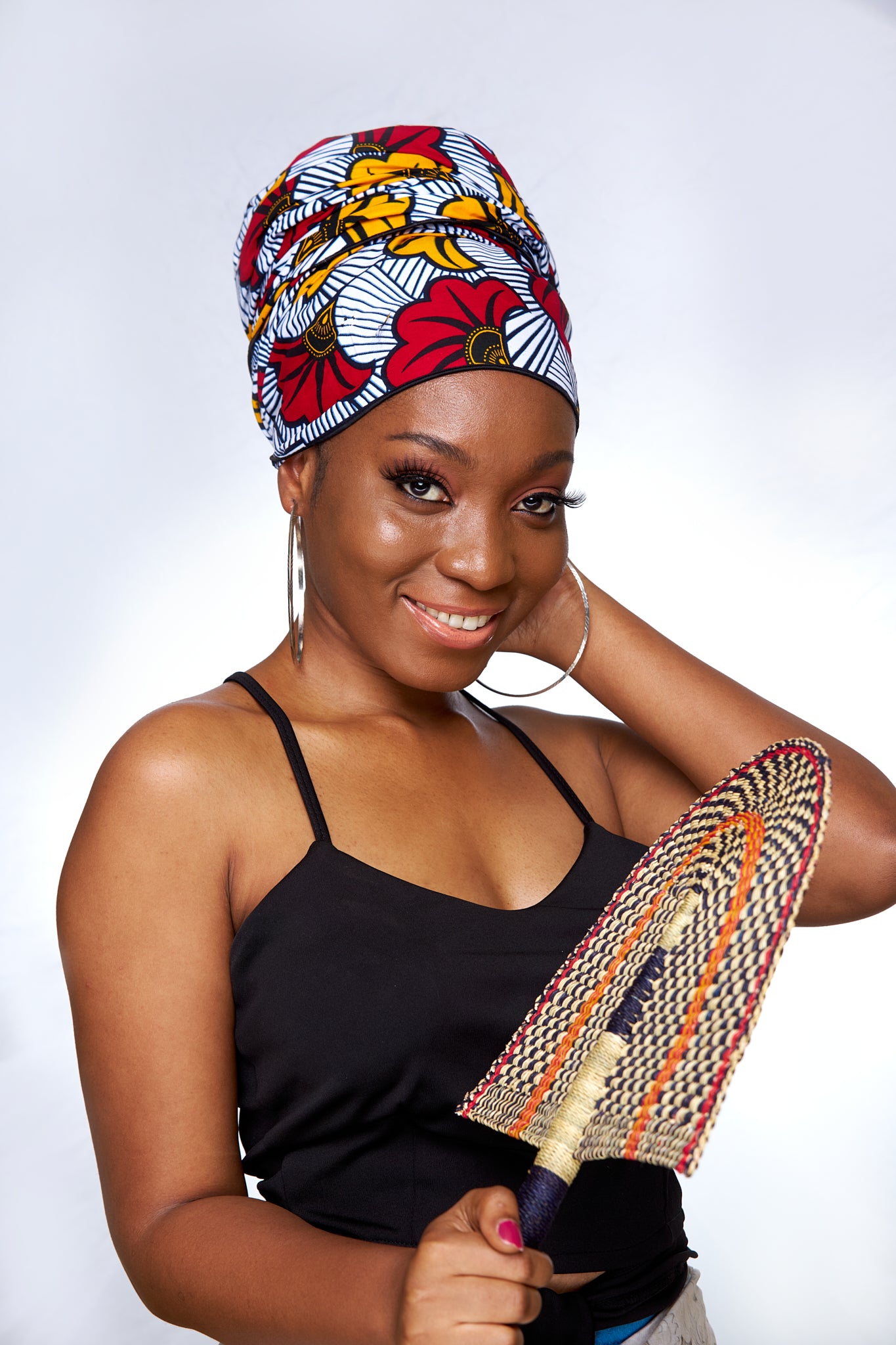 White Black Striped with Yellow,Red drawn Flowers Ankara High Cotton Print Fabric Detachable Silklined Headwrap