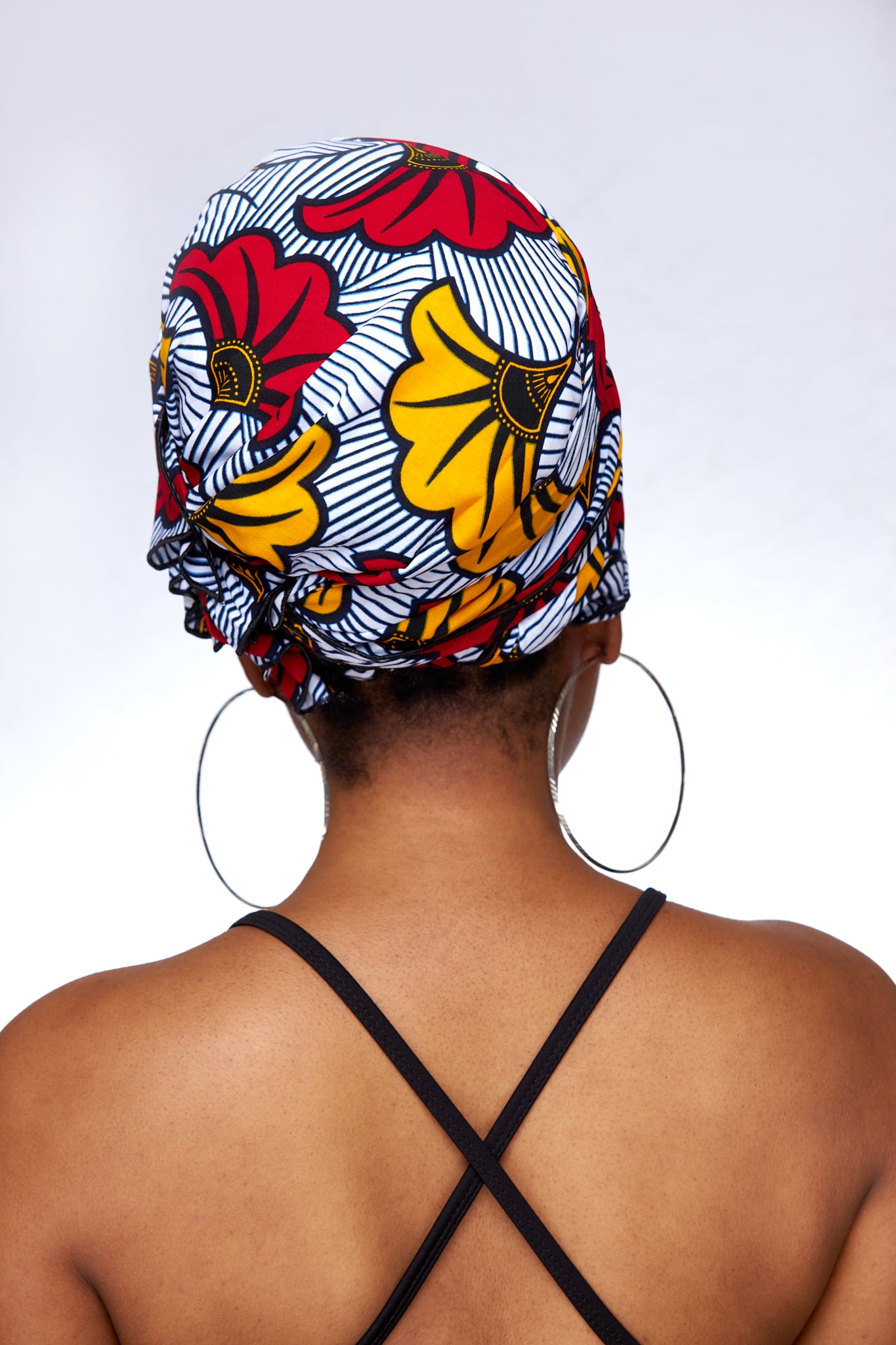 White Black Striped with Yellow,Red drawn Flowers Ankara High Cotton Print Fabric Detachable Silklined Headwrap