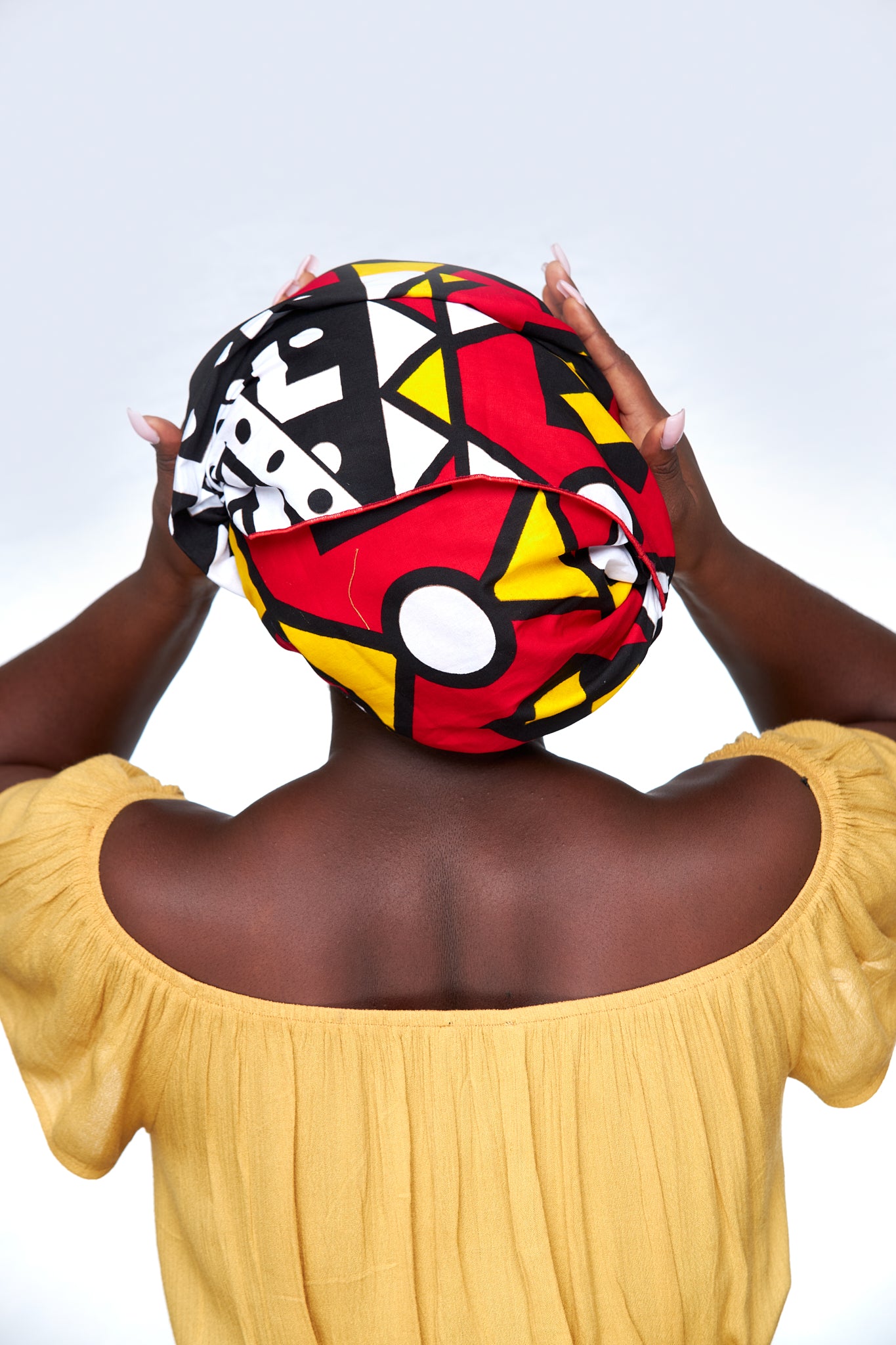 Beautiful Bogolan High Quality Cotton Print Fabric,Red,White, Yellow Black Coloured with Sketched Shape Imprint Designed Detachable Silklined Headwrap