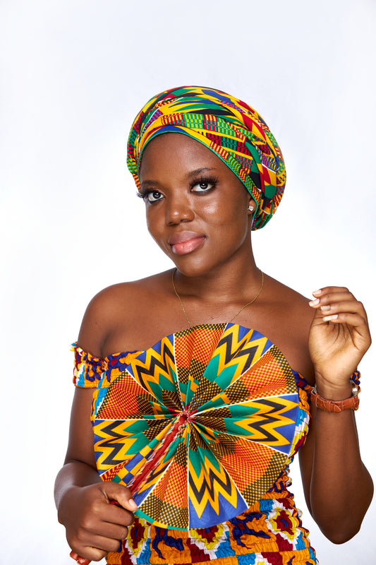 Red, Yellow,Green, Blue, Black White Stipped Ghanaian Kente Designed Cotton Print, Detachable Silklined Headwrap