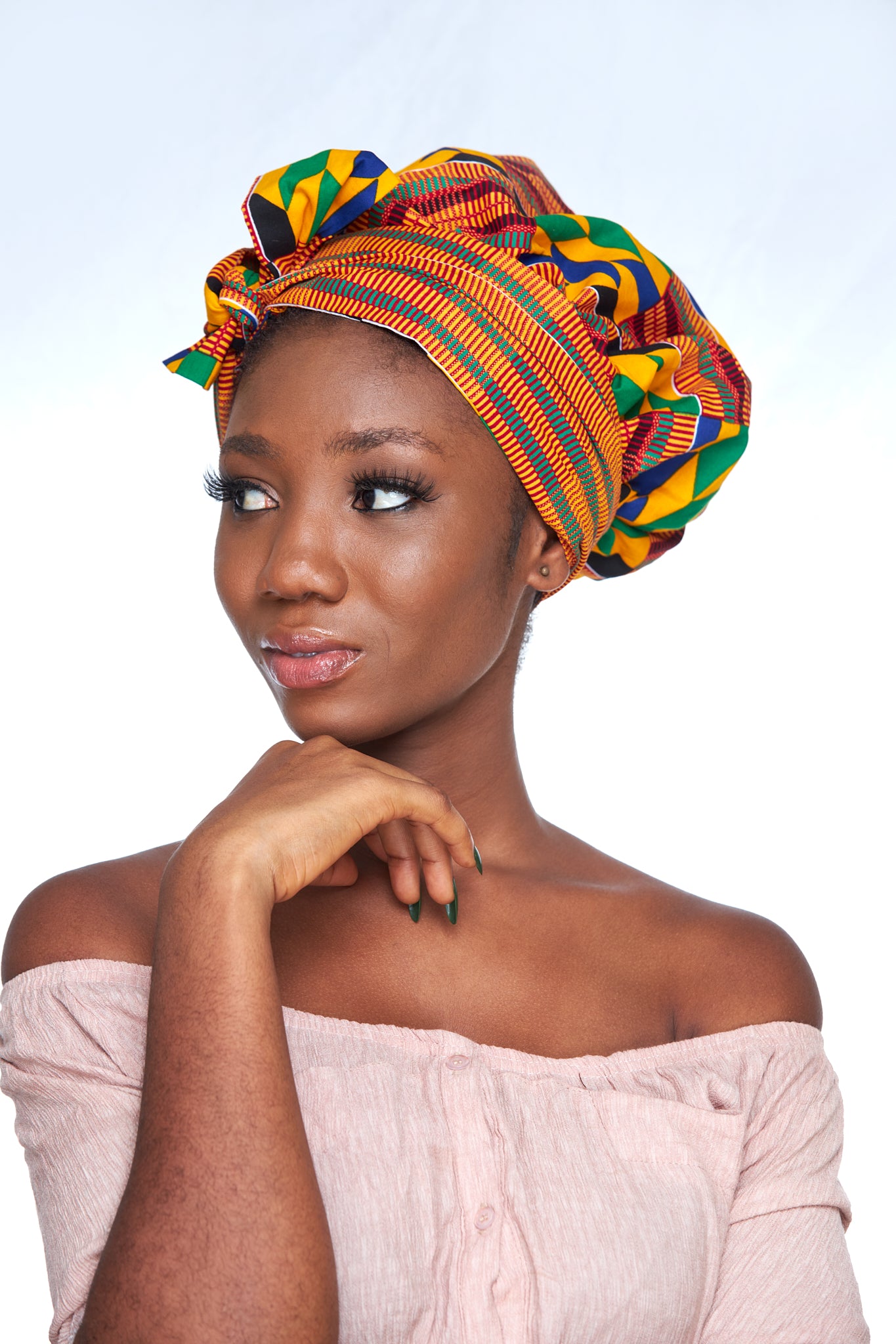 Ghanaian Kente Print Made of Red, Blue, yellow, Black,Green and White Blended Beautiful Colours And Pattern, Hand Made Elastic Silklined Bonnet With Band