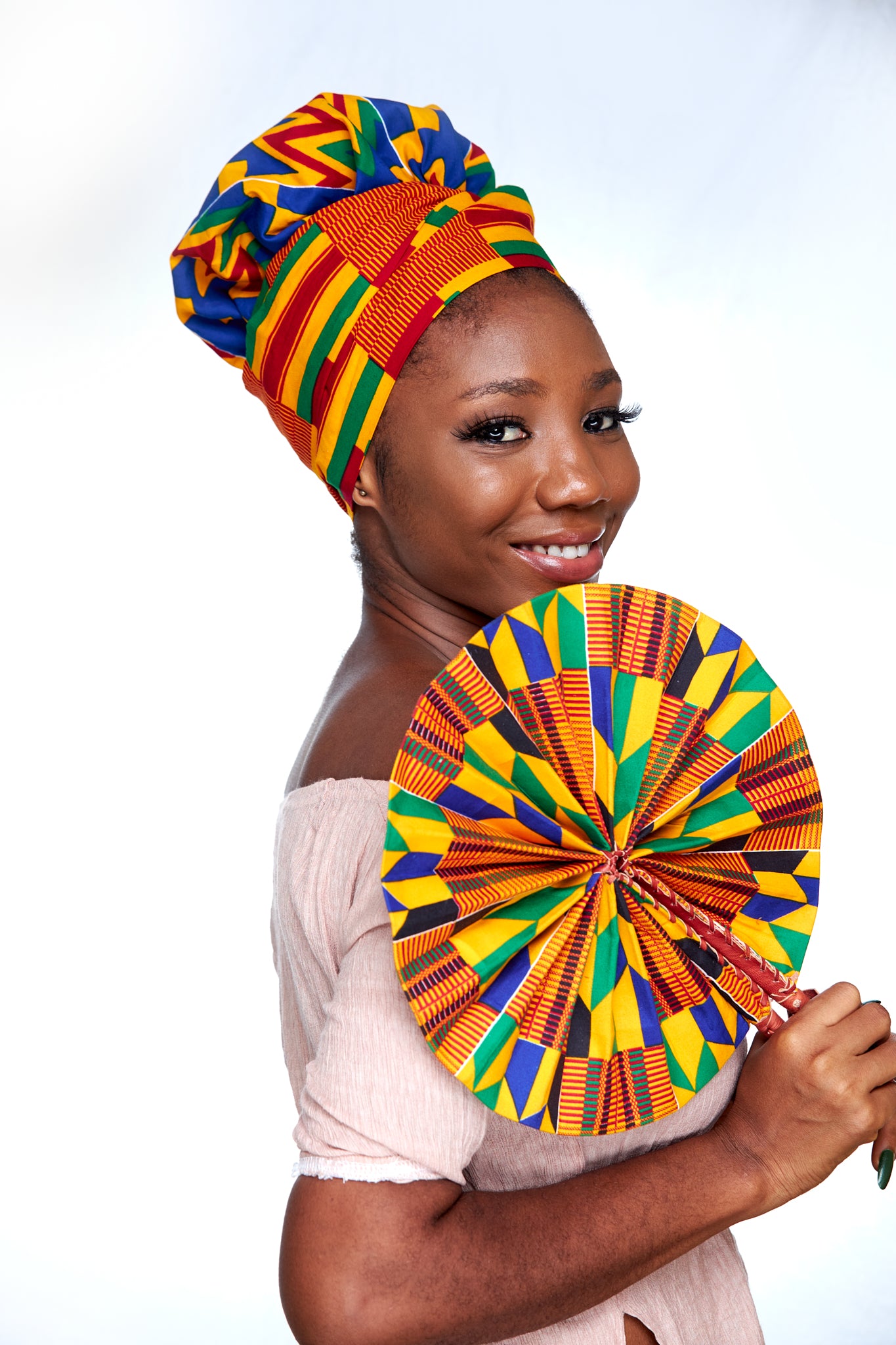 A Ghanaian Wax Print Made of Blue, Green, Red and White Blended Beautiful Colours And Pattern, Hand Made Elastic Silklined Bonnet With Band
