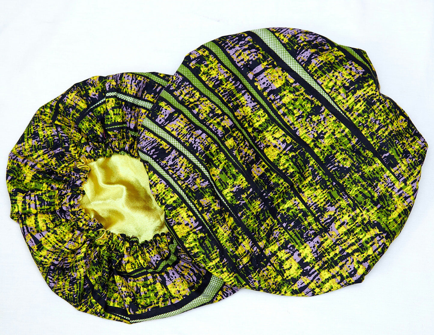 Green, Purple And Black Batik Fabric with Yellow Silk Lined Hair Bonnet 