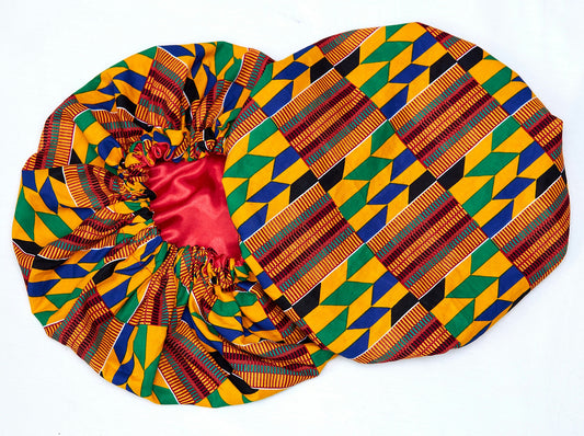 Yellow, Blue,Red, Green And Black Kente Print With Red Silk Lined Hair Bonnet