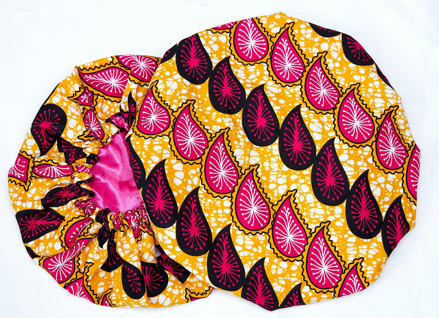 Ankara Wax Print Made of Gold, Pink and Black Blended Beautiful Colours And Pattern, Hand Made Elastic Silklined Bonnet With Band