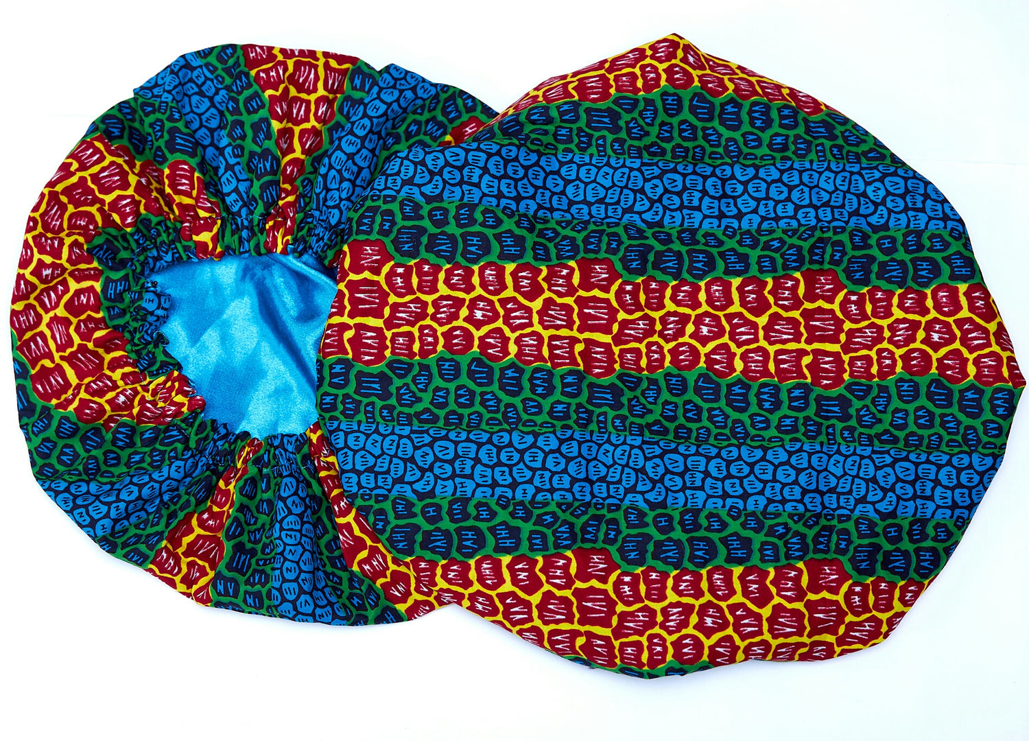 Yellow, Blue, Green, And Wine Ankara Wax Print With Blue Silk Lined Hair Bonnet 