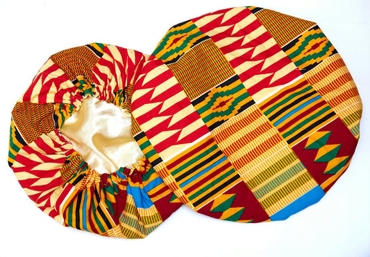 Cream, Wine,Blue , Red, Black And Green Mix Pattern Kente Print with Cream Silk Lined Hair Bonnet