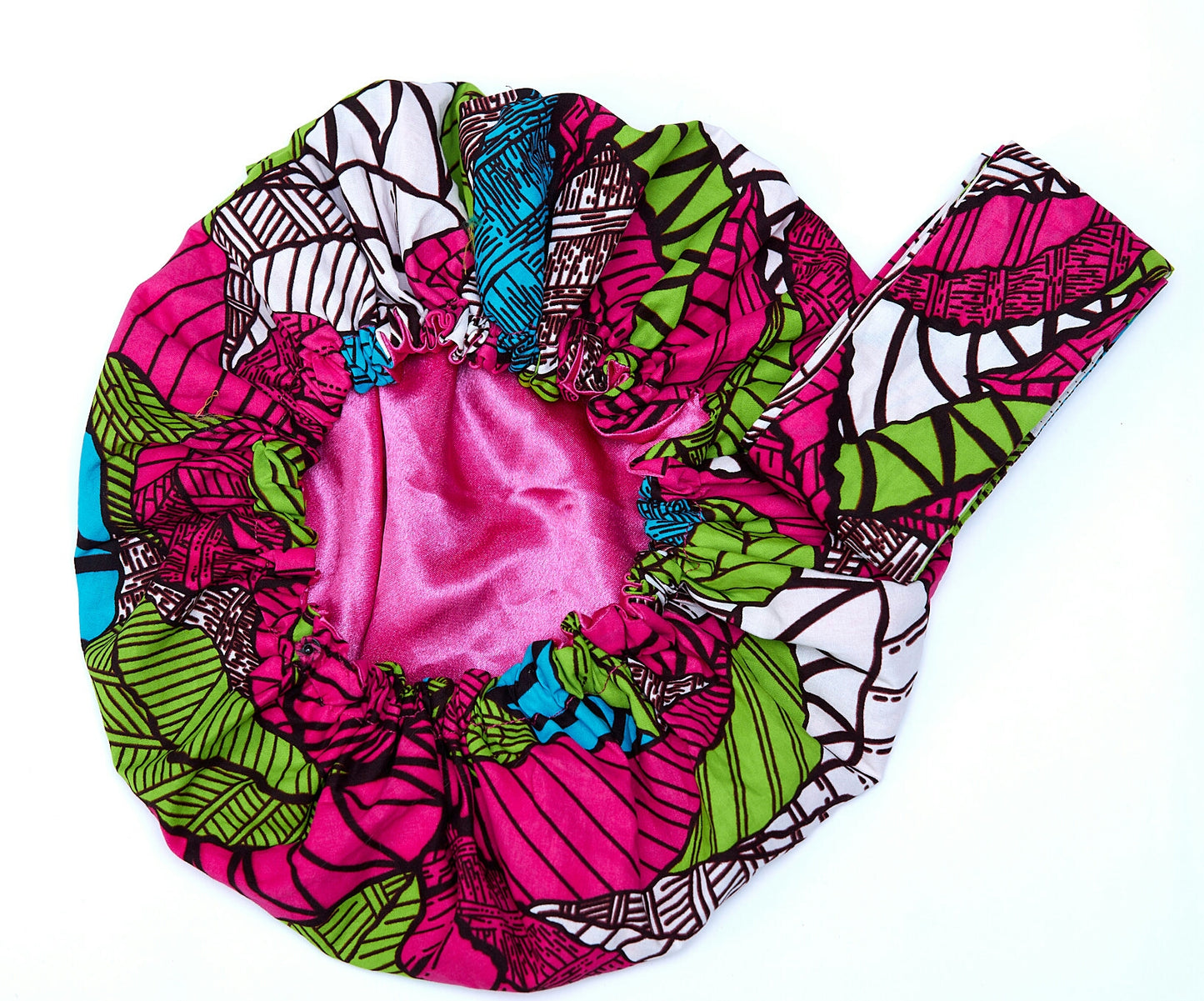 Ankara African Print Made of Pink,Green, White And Blue Blended Beautiful Colour, Hand Made Bonnet With Band