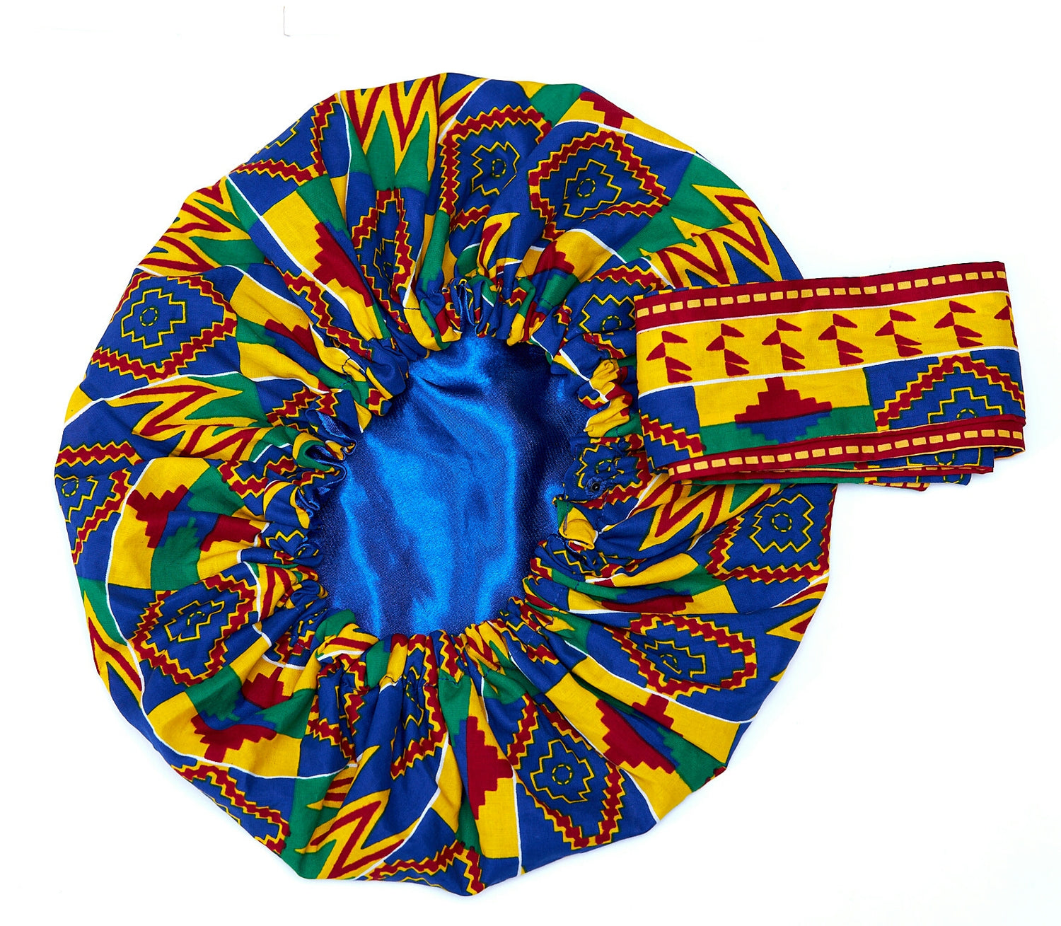 Ghanaian Kente Wax Print Made of Yellow, Red,Green And  Blue Blend of Beautiful Colours And Pattern With Adinkira Symbols, Hand Made Elastic Silklined Bonnet With Band