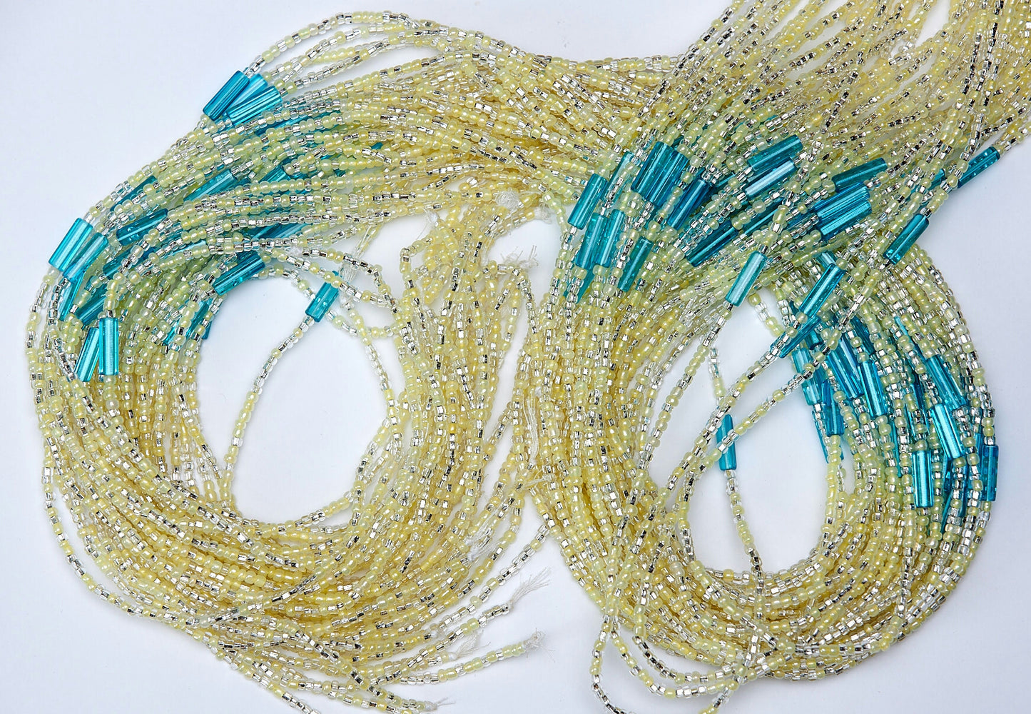 44 Inches Yellow And Silver Beads With Blue Pebble Bars Tie on Waist Beads