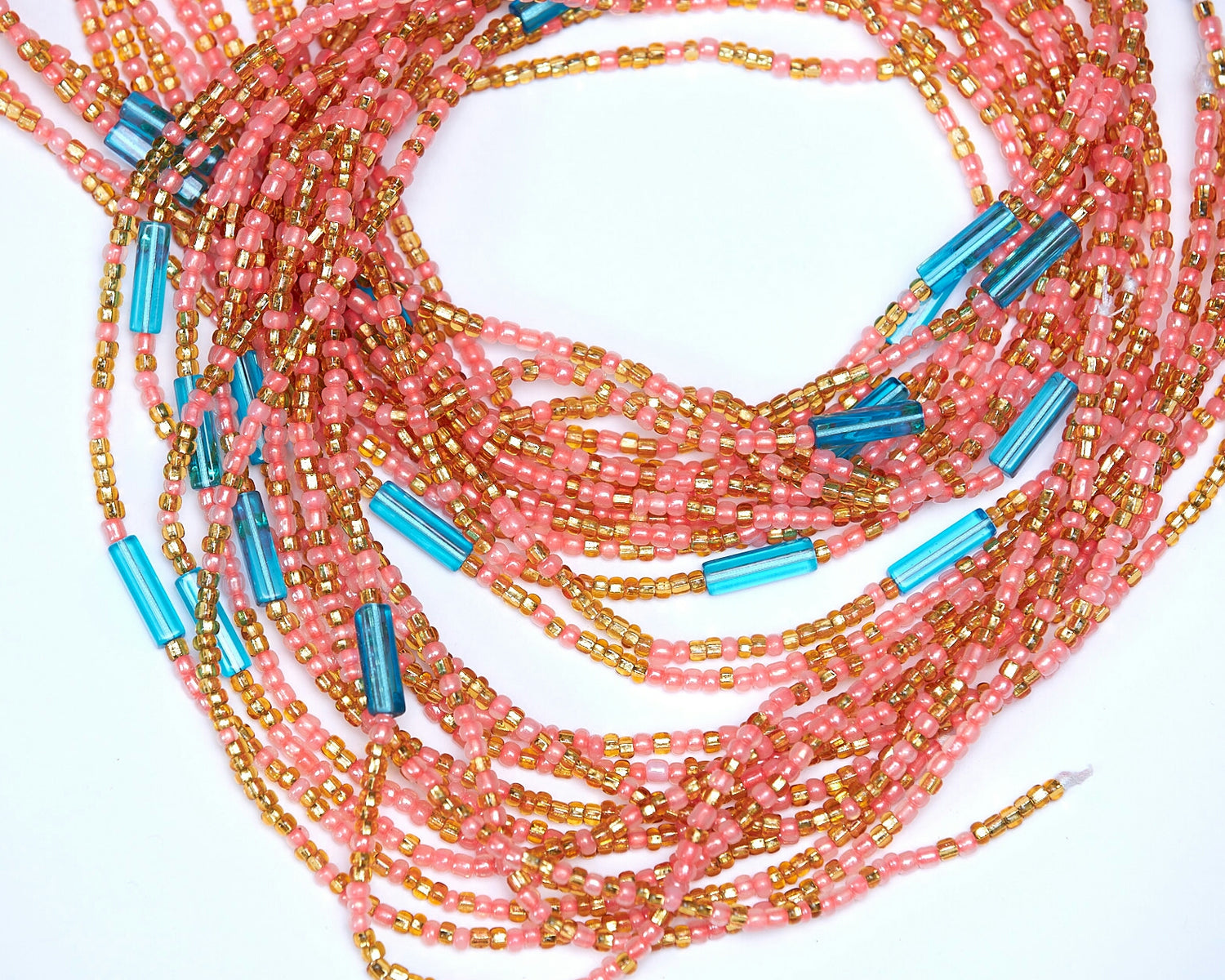 45 Inches Pink And Gold Beads With Sea Blue Pebble Bar Tie On Waist Beads 