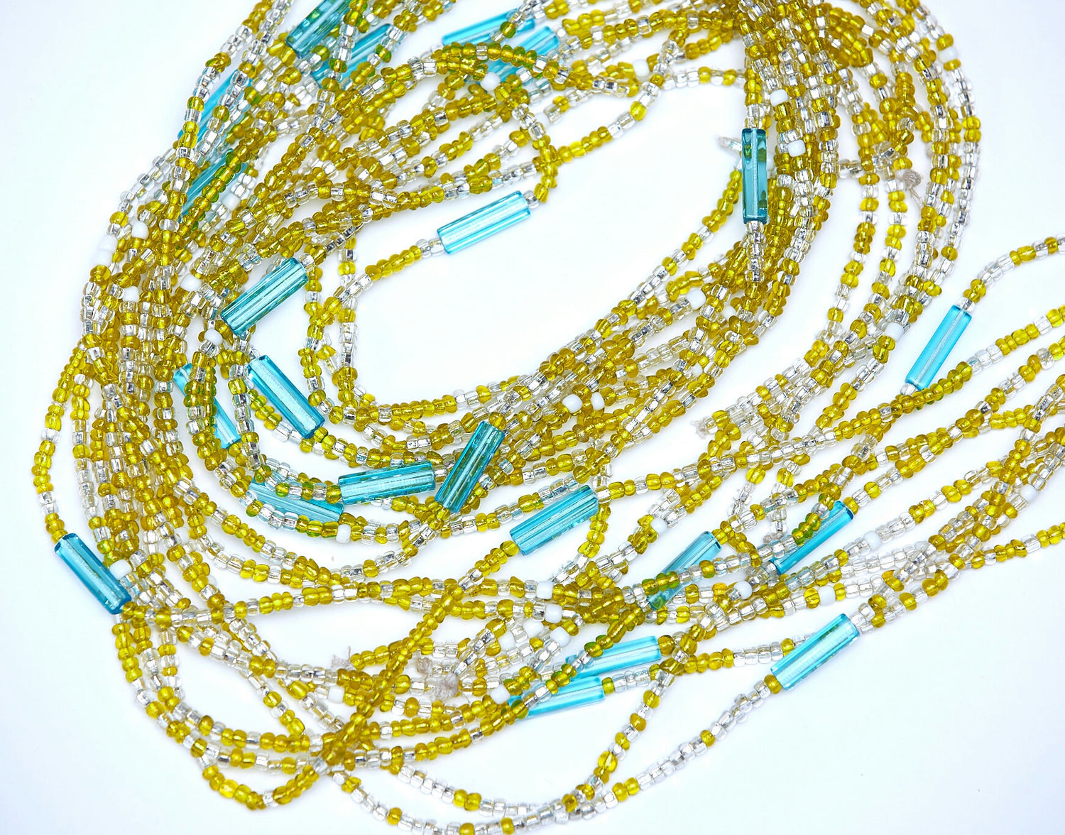 45 Inches Yellow And Clear Crystal Glass Beads With Sea Blue Pebble Bar Tie On Waist Beads