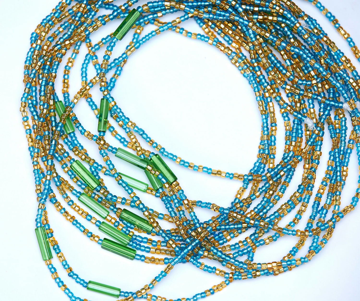 45 Inches Gold And Sea Blue Glass Beads With Green Pebble Bar Tie On Waist Beads