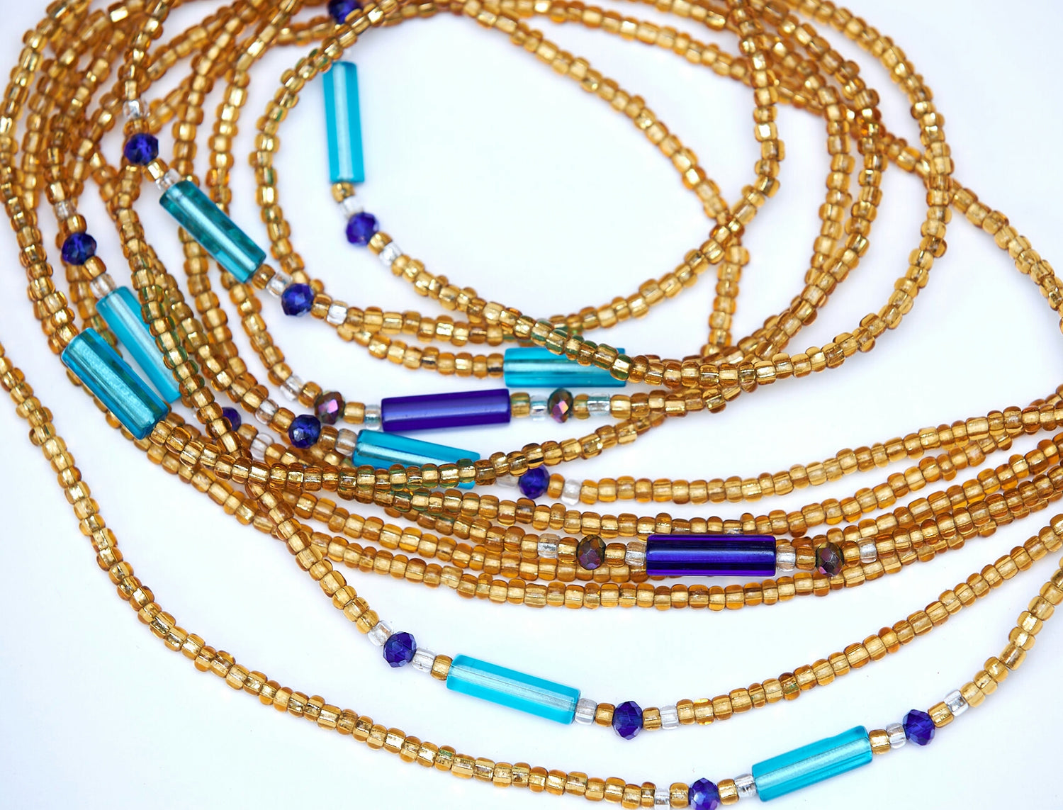 46 Inches Gold Beads With Deep Blue And Sea Blue Pebble Bar Tie On Waist Beads 