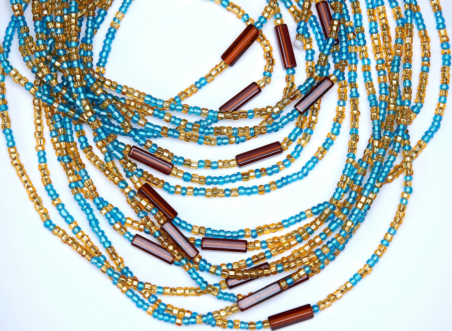 46 Inches Gold And Sea Blue Glass Beads With Brown Pebble Bars Tie On Waist Beads