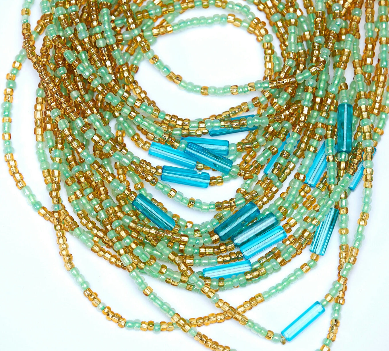 45 Inches Lemon Green And Gold Beads With Blue Pebble Bars Tie on Waist Beads