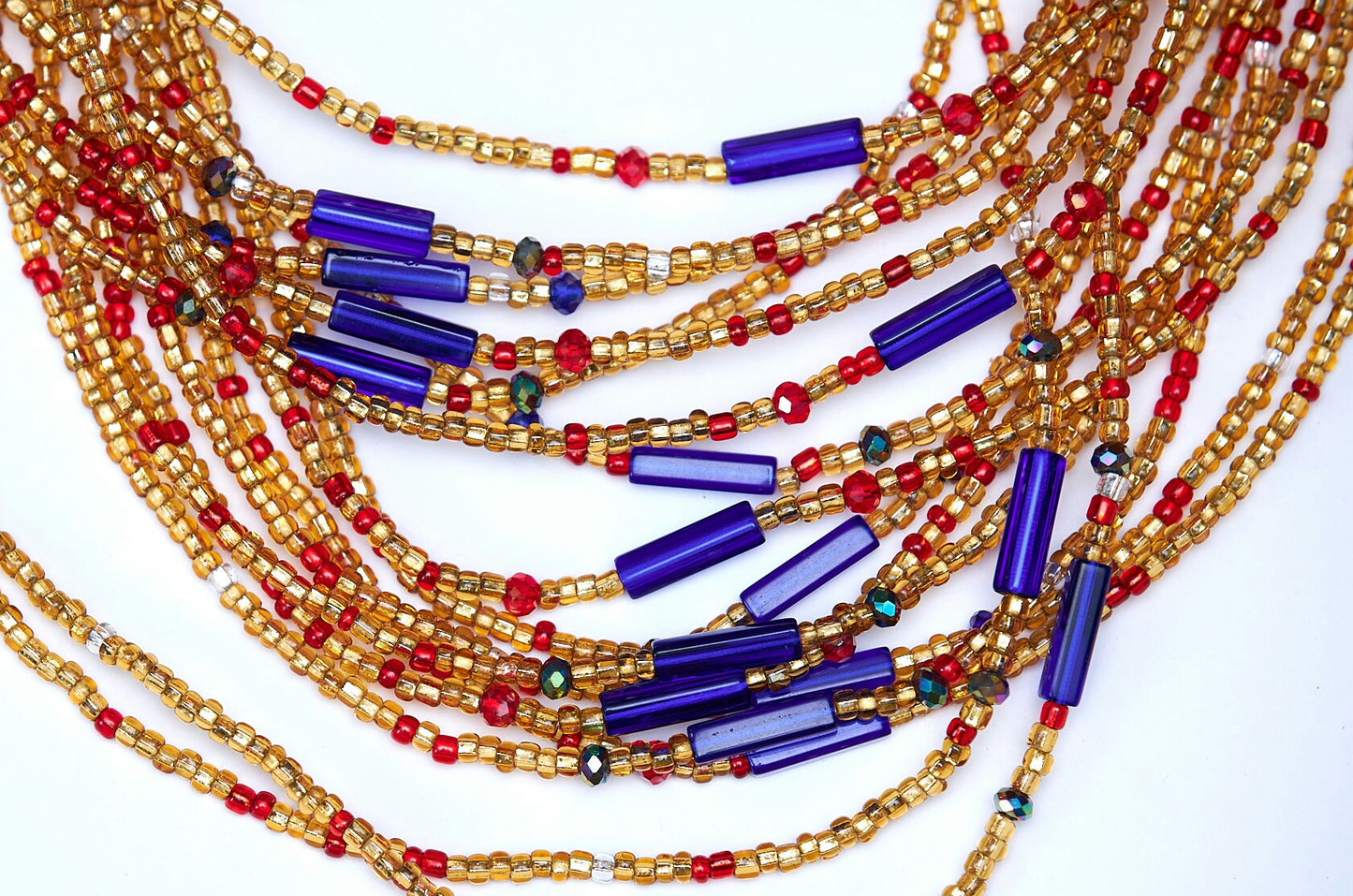 44 Inches Red And Gold Beads With Red, Green and Blue Pebble Bars Tie on Waist Beads