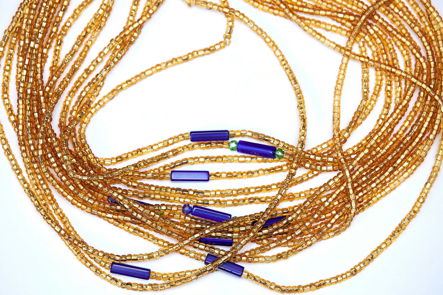 44 Inches Gold Beads With Deep Blue Pebble Bars Tie on Waist Beads 