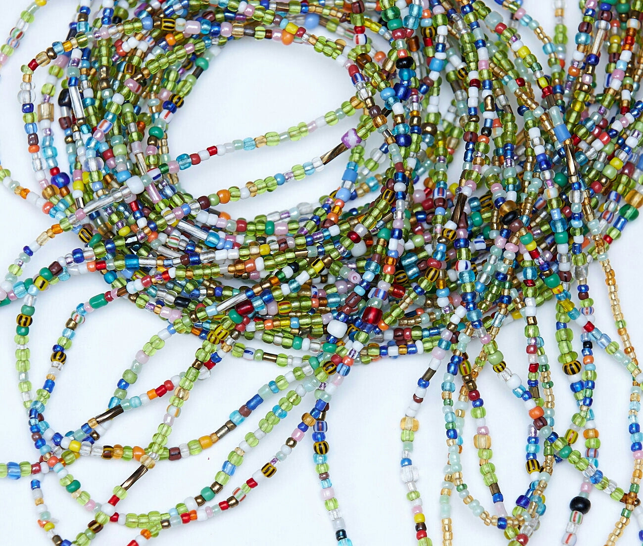 38 Inches Blue, White, Yellow, Green , Gold , Yellow And Silver Tie On Dipo Waist Beads 