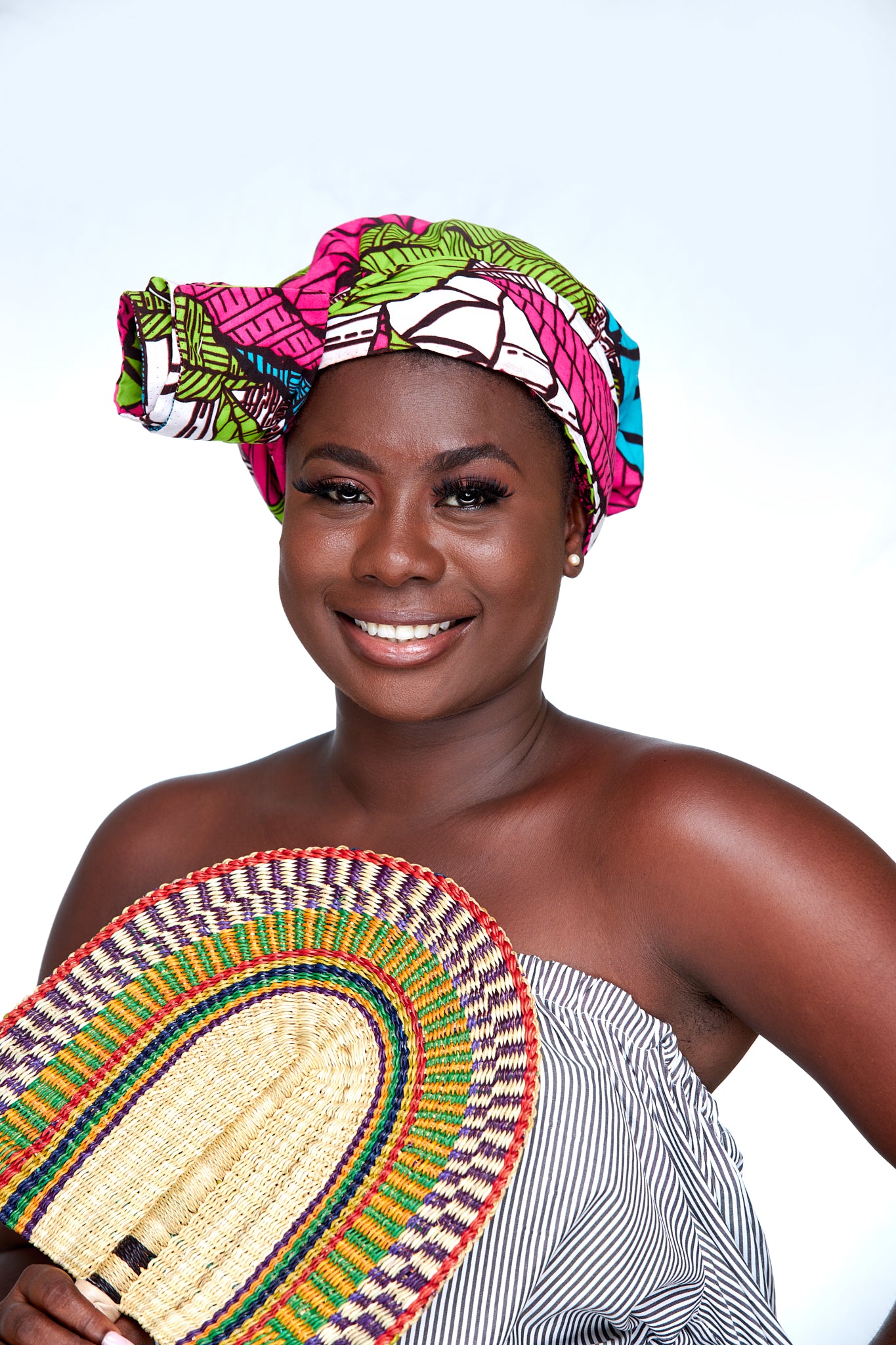 Ankara African Print Made of Pink,Green, White And Blue Blended Beautiful Colour, Hand Made Bonnet With Band