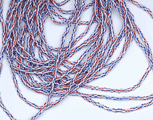 36 Inches Stripped Red, Blue And White Tie On Dipo Waist Beads