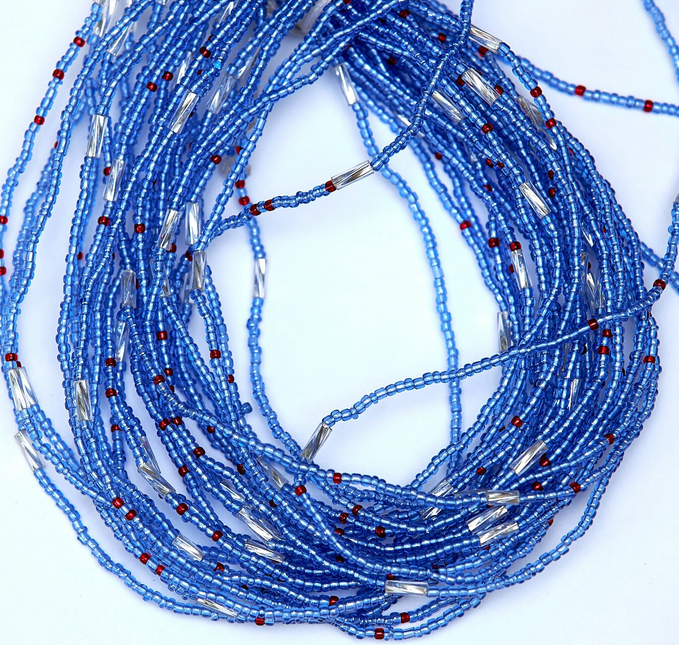 42 Inches Blue And Red Beads with silver Bars tie on Waist beads