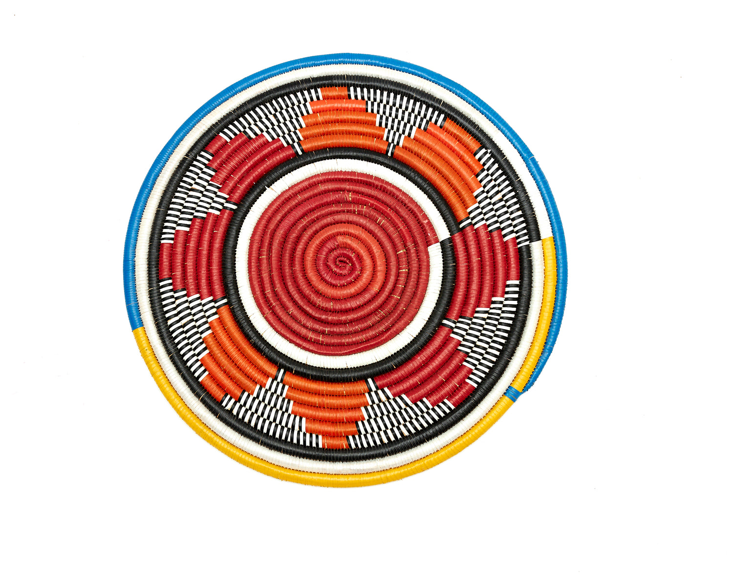 White,orange, yellow,red,seablue,and black colored round African hand woven multipurpose Trivet, Woven Wall Disc, Wall Plate, Hanging Basket, Wall Decor