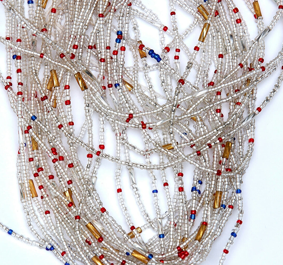 46 Inches Silver Blue And Red beads with Gold Bars tie on waist beads