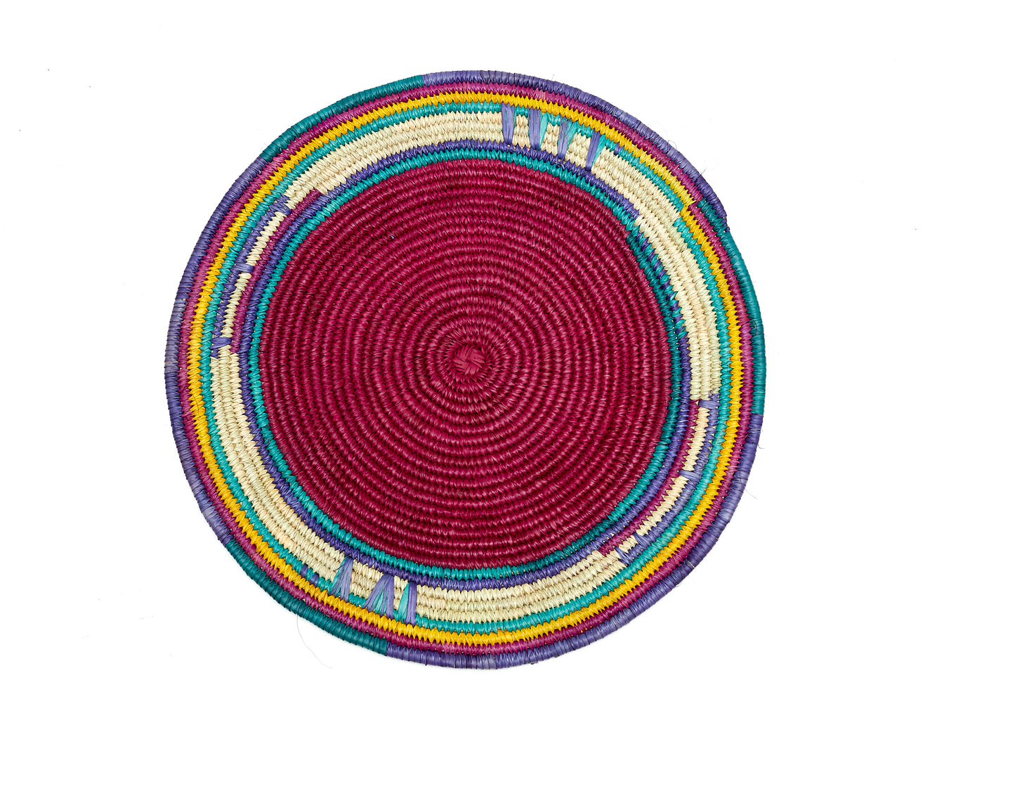 Pink,blue,green, yellow and cream colored round African hand woven multipurpose Trivet, Woven Wall Disc, Wall Plate, Hanging Basket, Wall Decor
